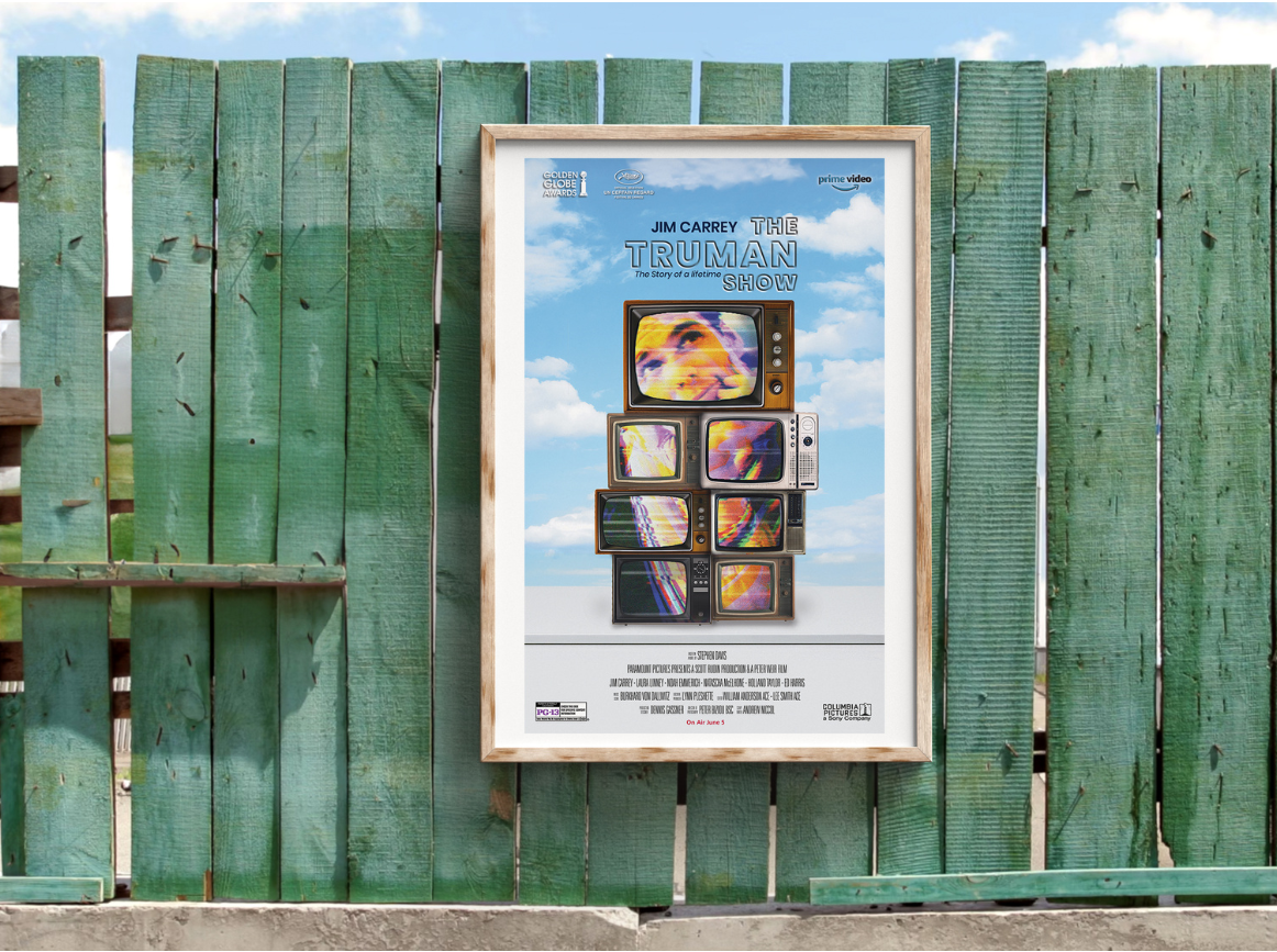 The Truman Show poster mockup on wooden fence