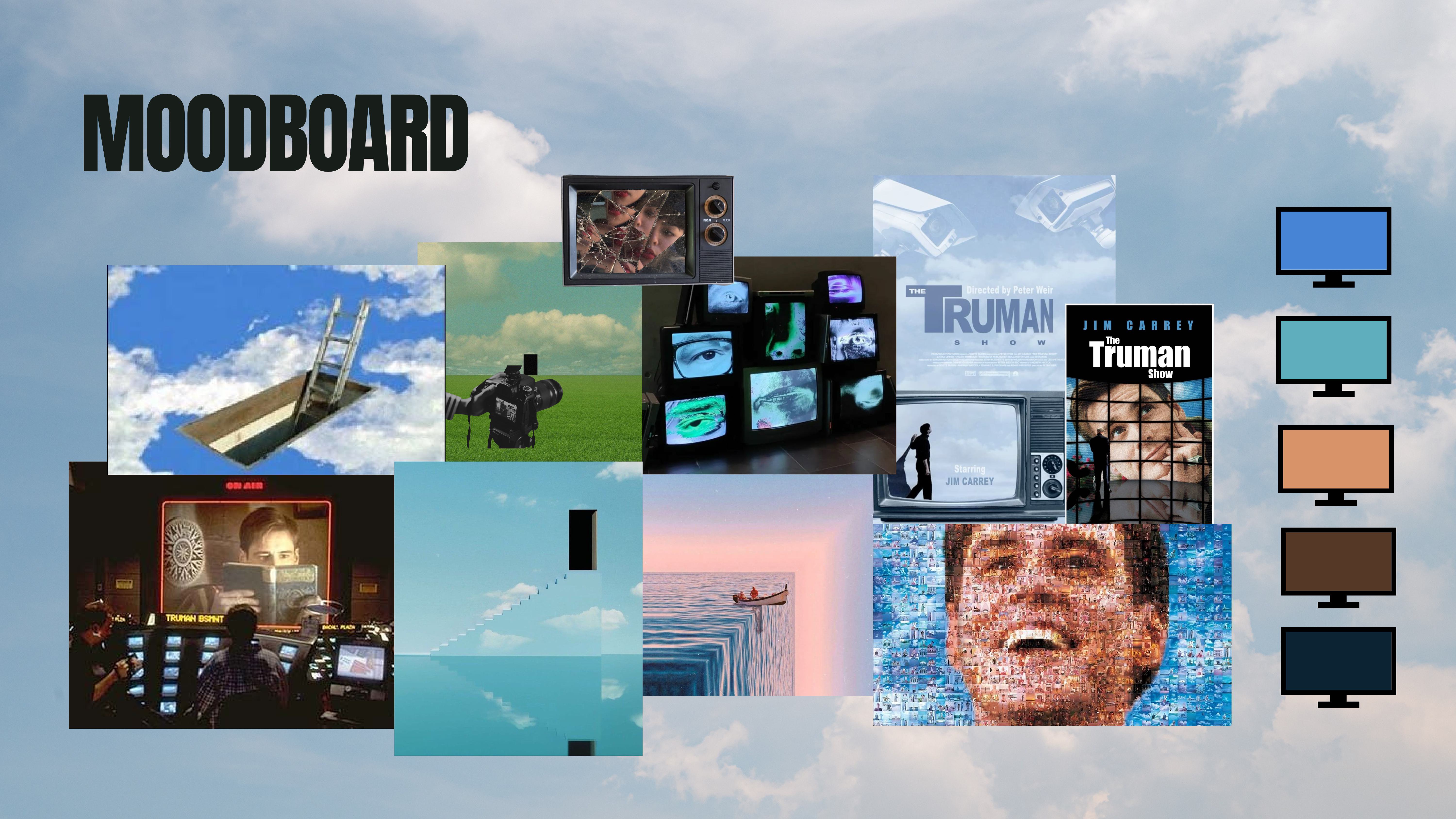 Moodboard - surveillance, sky, television sets, colour palette