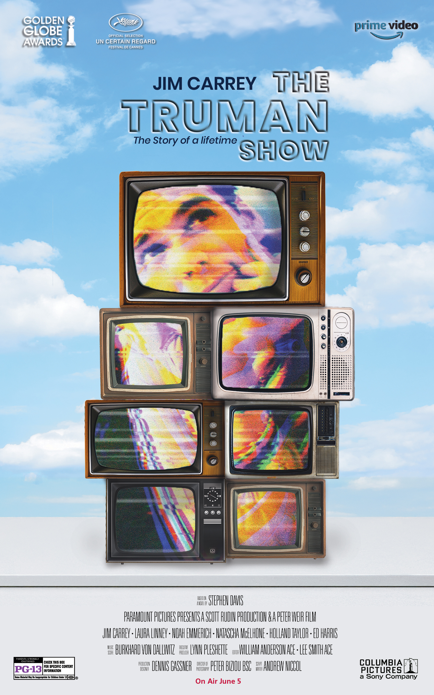 Final poster - Jim Carrey · The Truman Show · stacked vintage TVs on cloudy sky