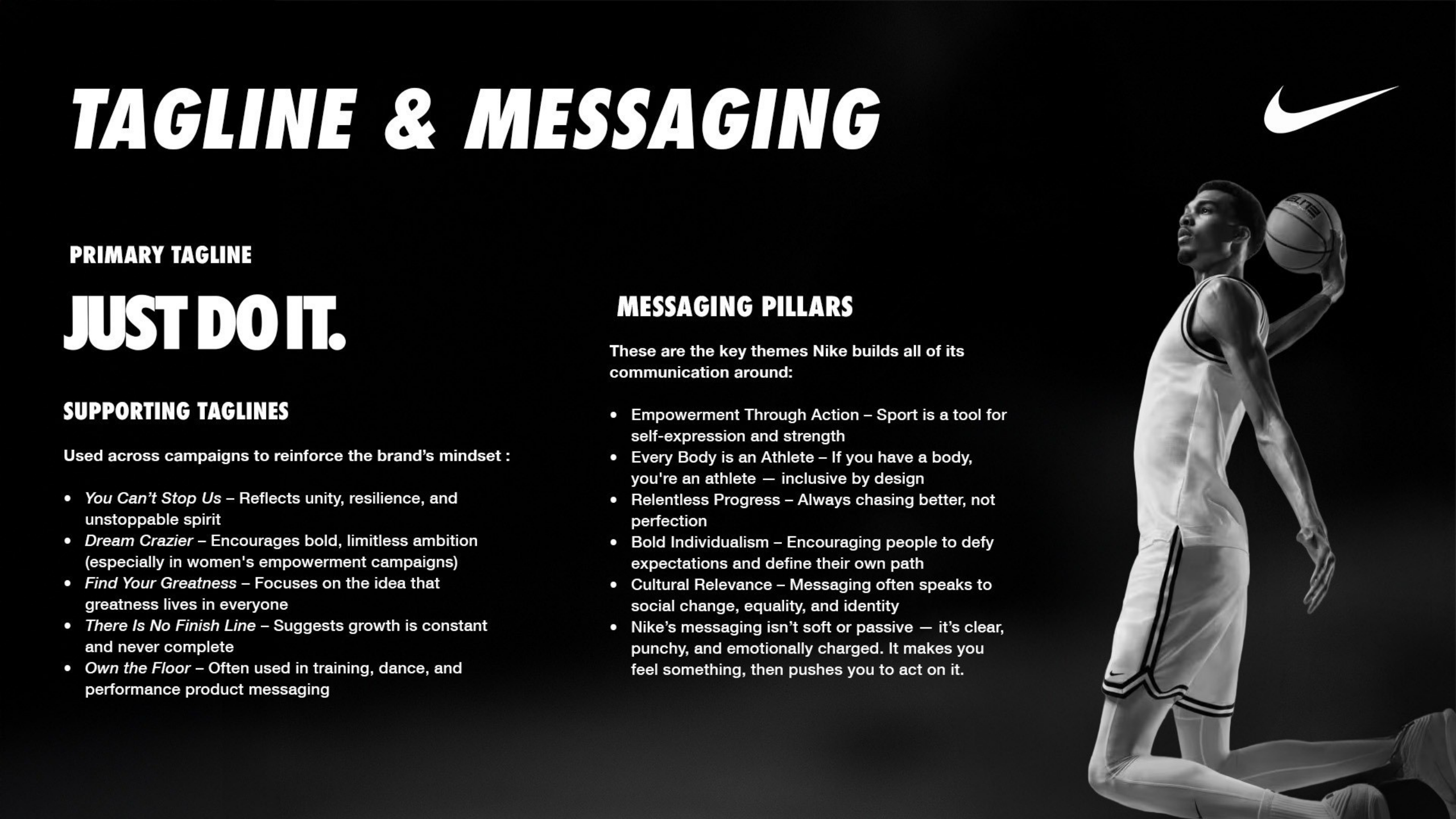 Tagline & Messaging - Just Do It, messaging pillars