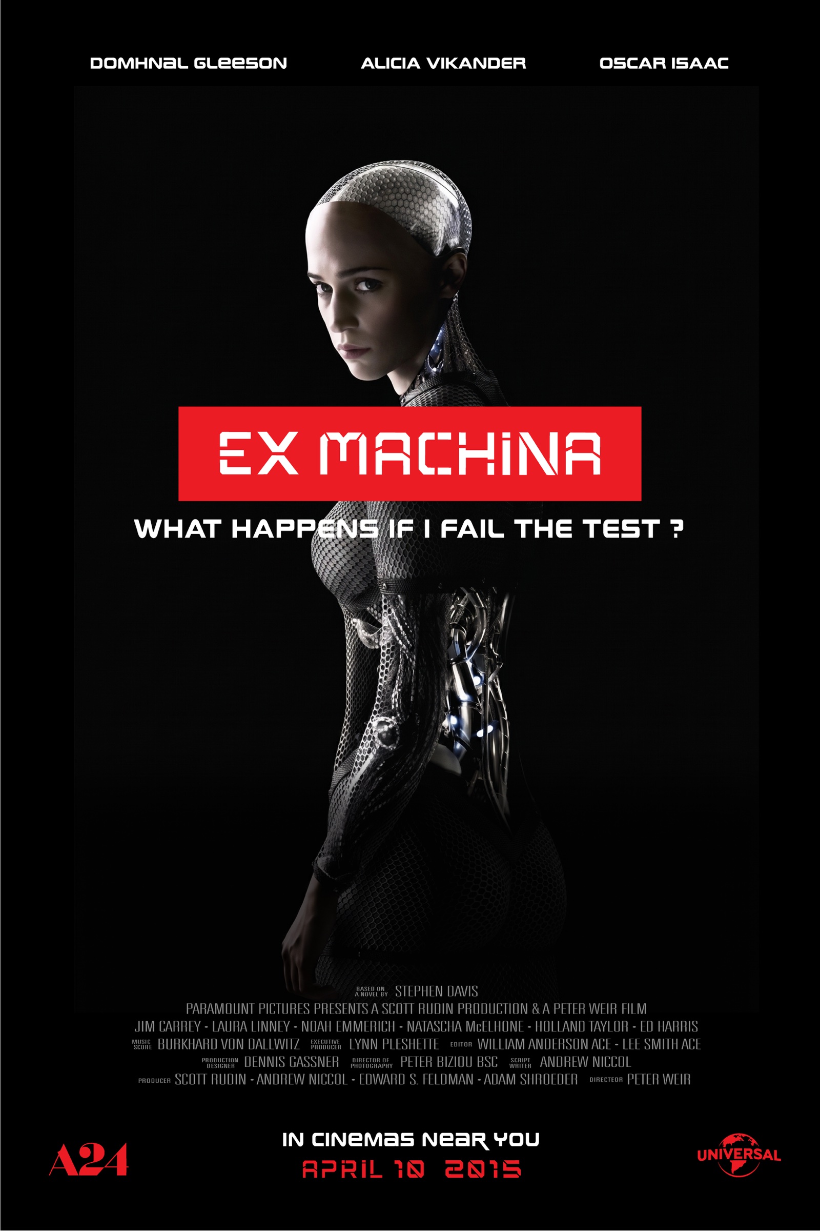Ex Machina poster - Ava standing in darkness, custom SPLITFORM typeface with red title block