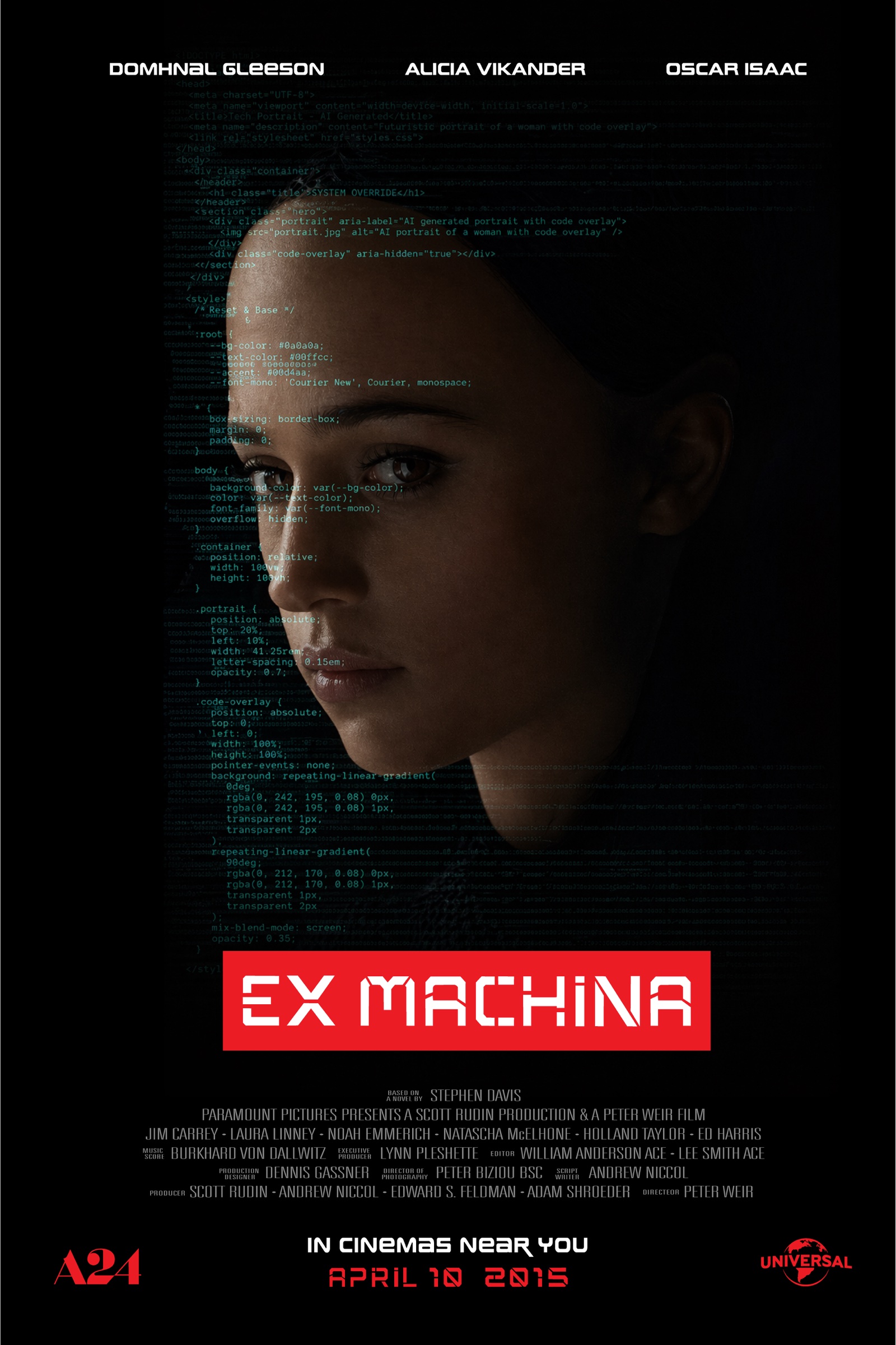 Ex Machina poster - Ava's face dissolving into code, EX MACHINA in red stencil