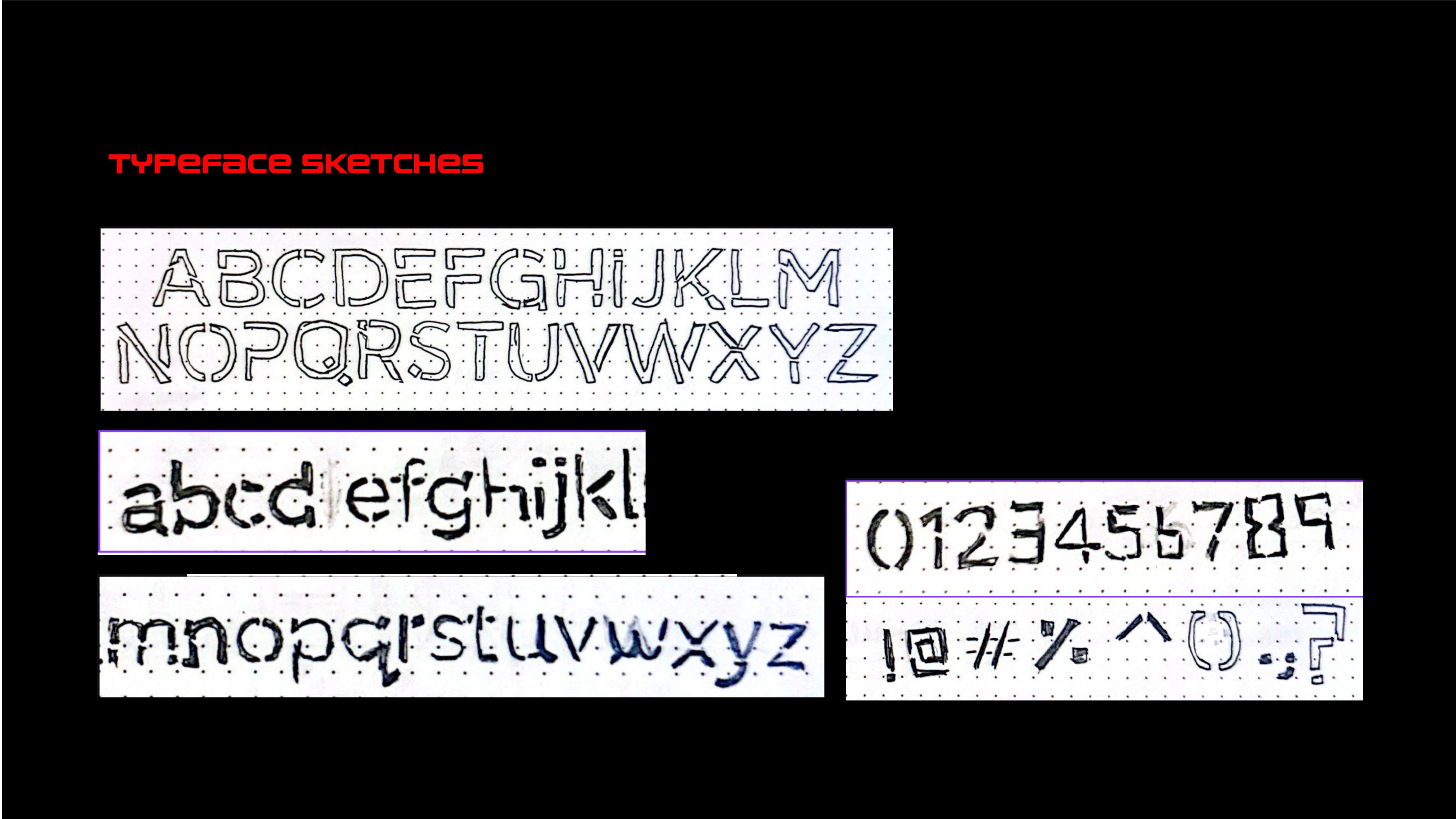 Typeface Sketches - initial hand-drawn alphabet explorations on dot grid