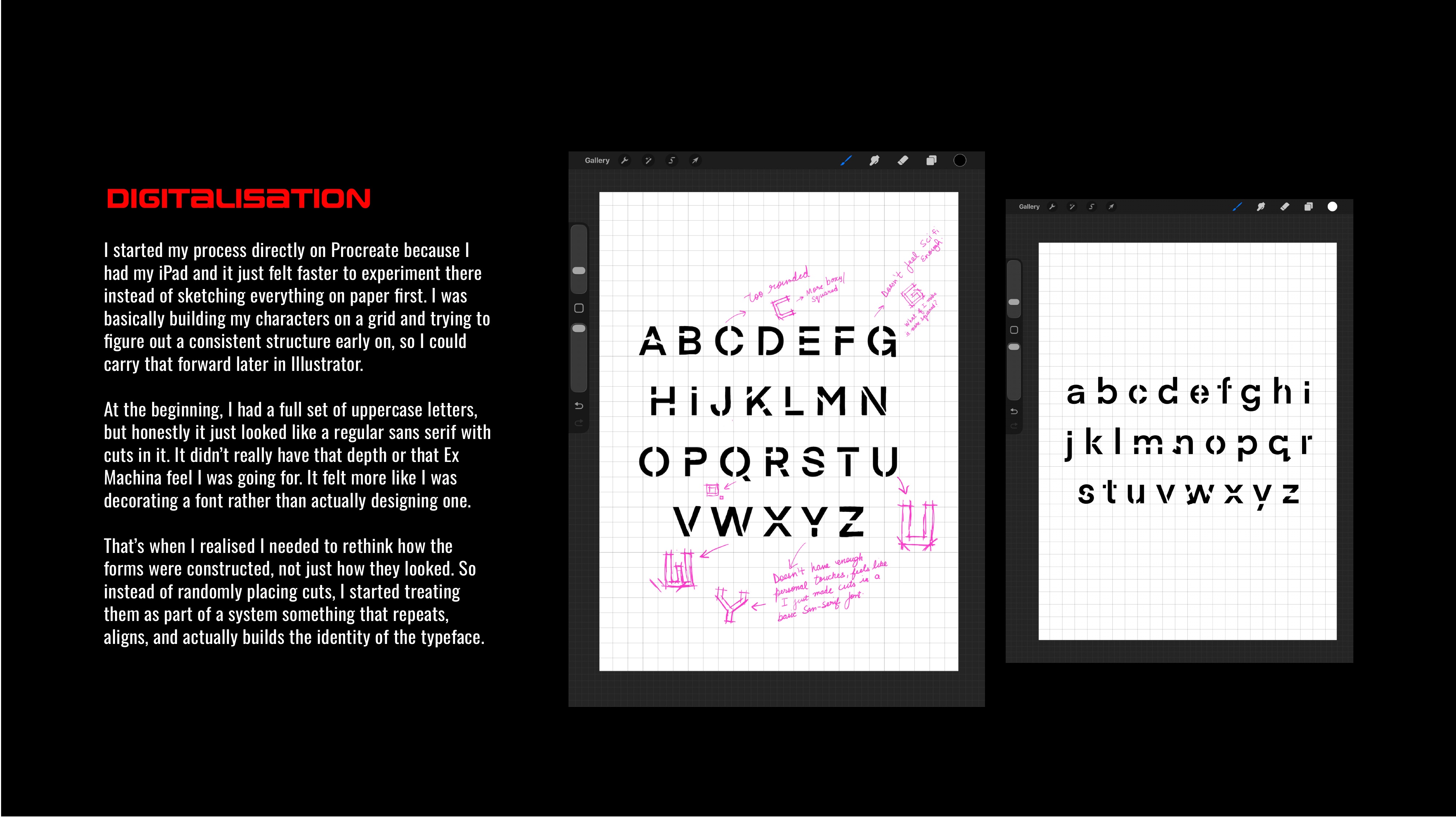 Digitalisation - Procreate process, moving from paper to digital letterform construction