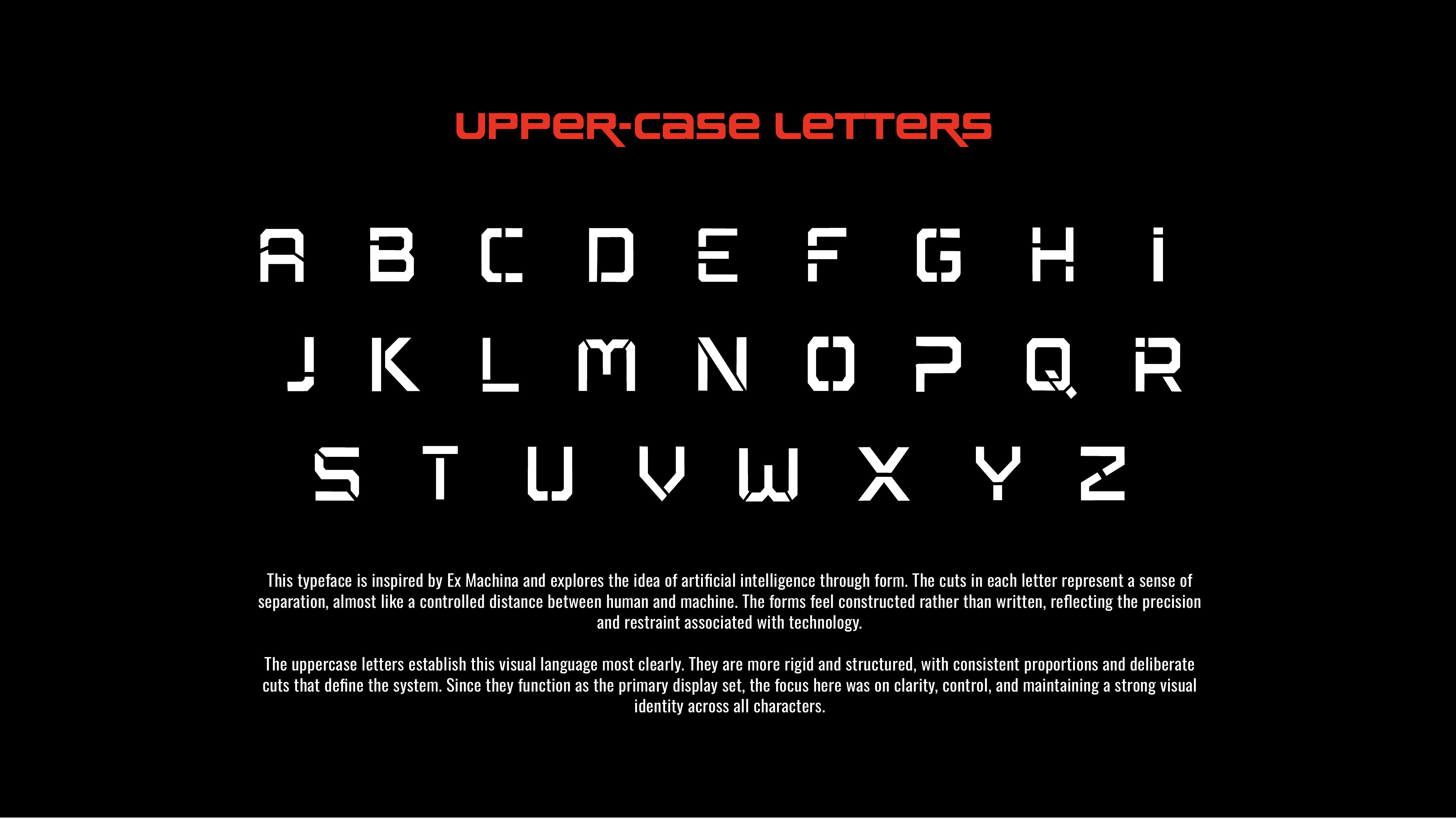SPLITFORM uppercase A–Z - rigid, structured letterforms with deliberate cut system