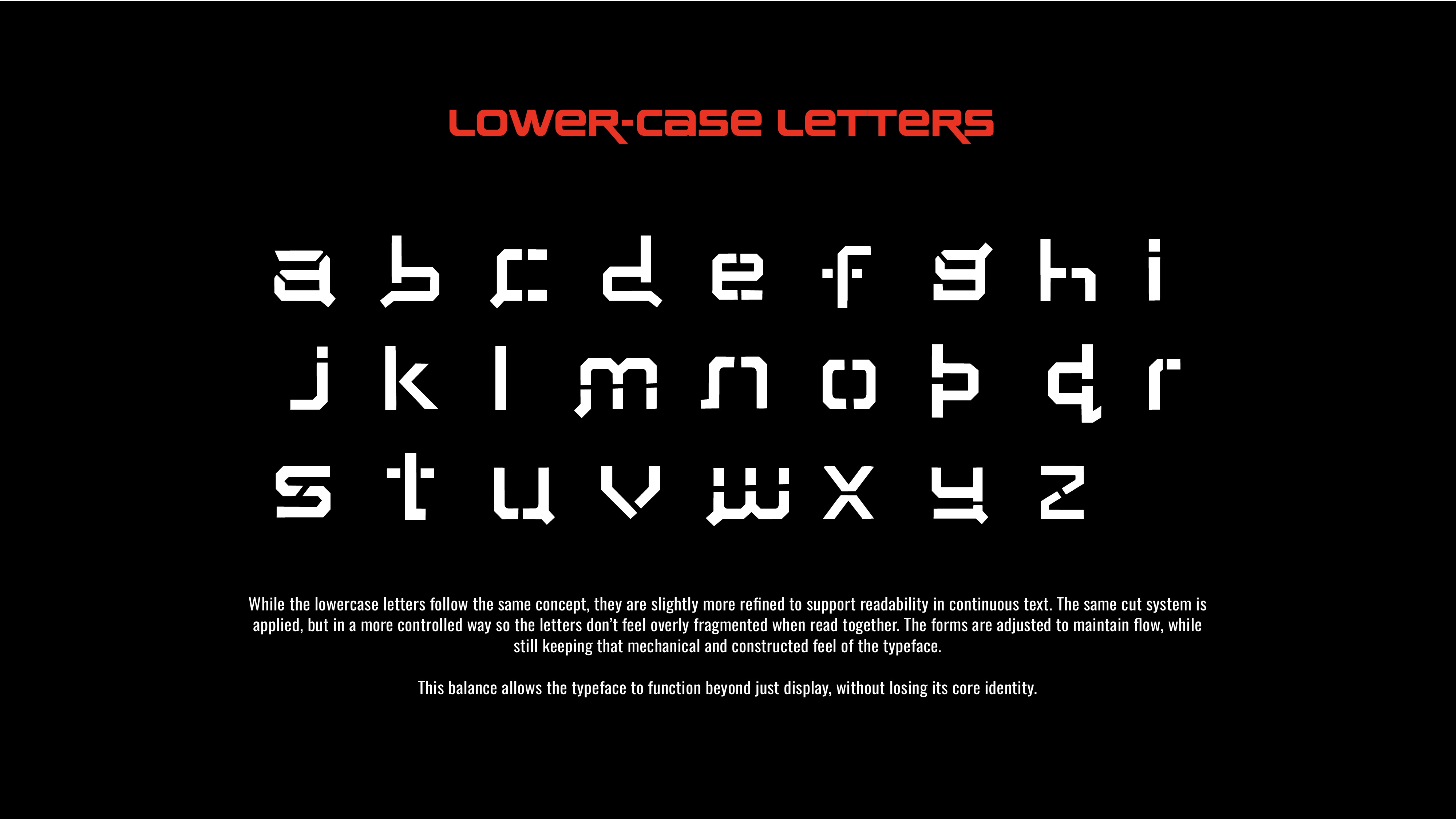 SPLITFORM lowercase a–z - refined for readability while maintaining mechanical identity