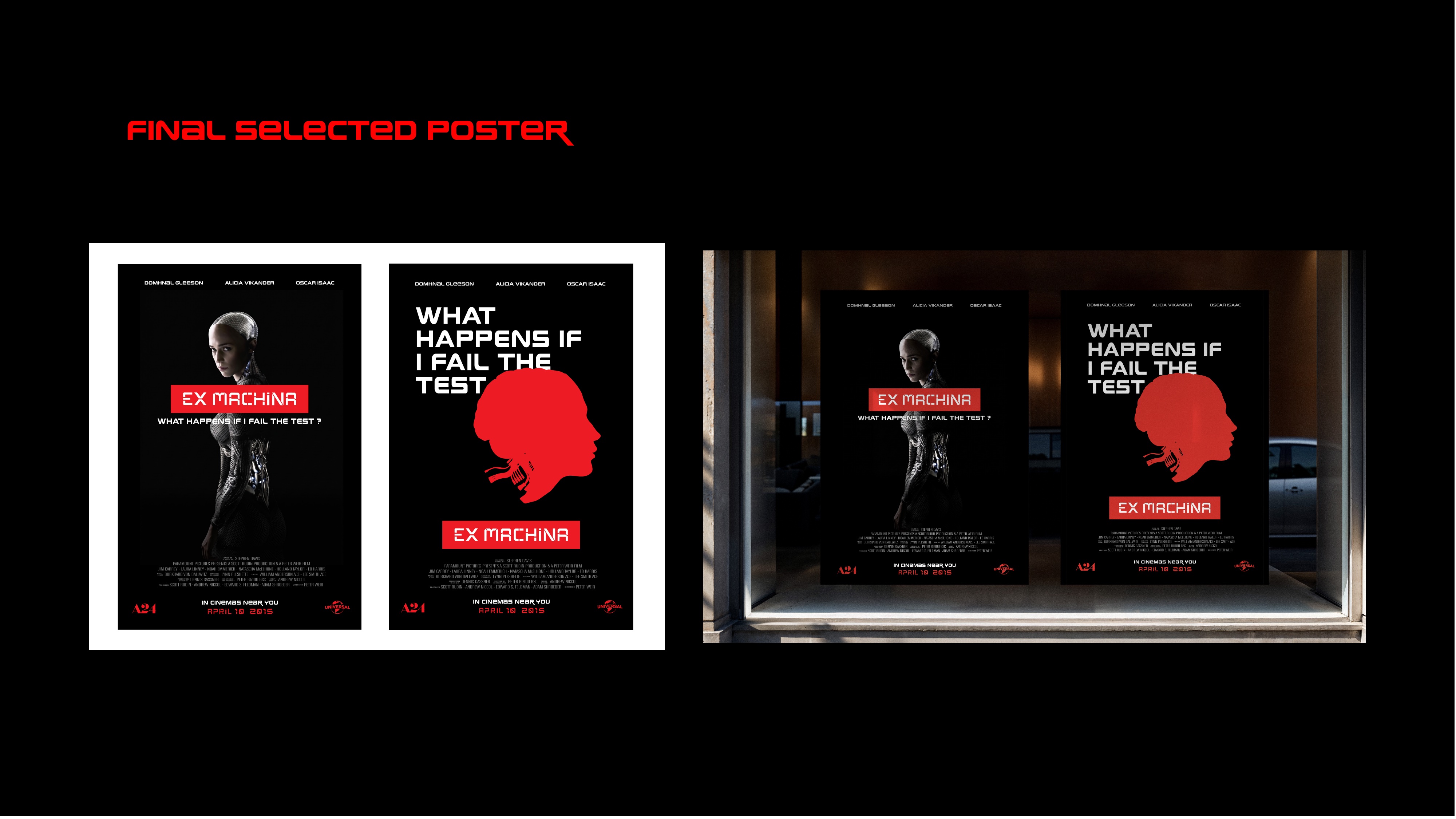 Final Selected Poster - two posters shown in a cinema storefront window display