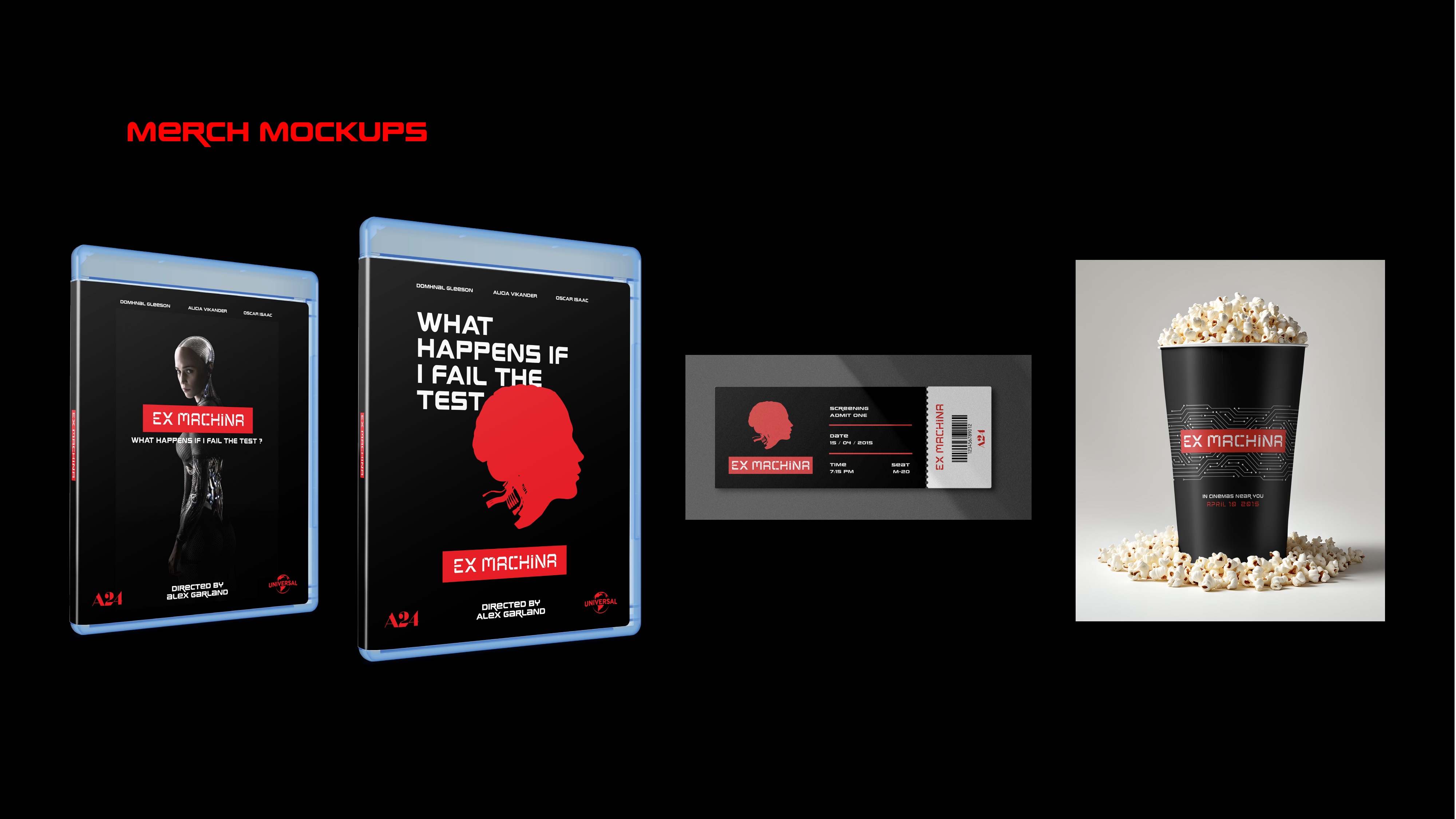 Merch Mockups - Blu-ray packaging, movie ticket, and cinema popcorn cup with SPLITFORM branding