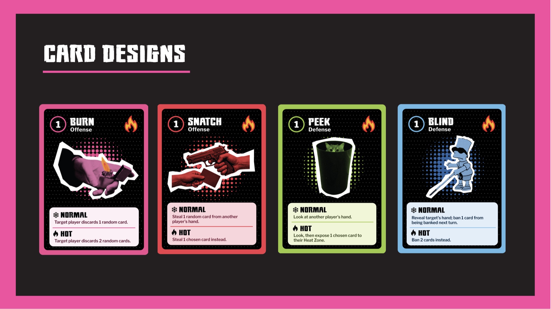 Card designs - Burn, Snatch, Peek, and Blind, the Offense and Defense category cards