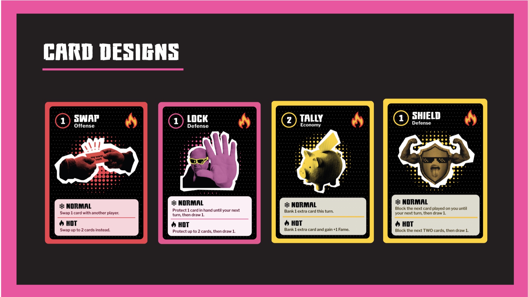 Card designs - Swap, Lock, Tally, and Shield