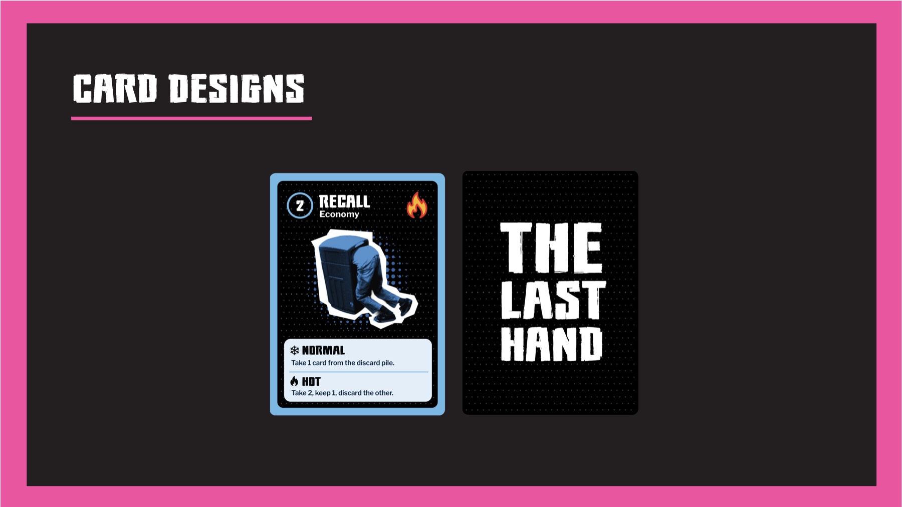 Recall card design and the card back, dot-pattern texture with the wordmark
