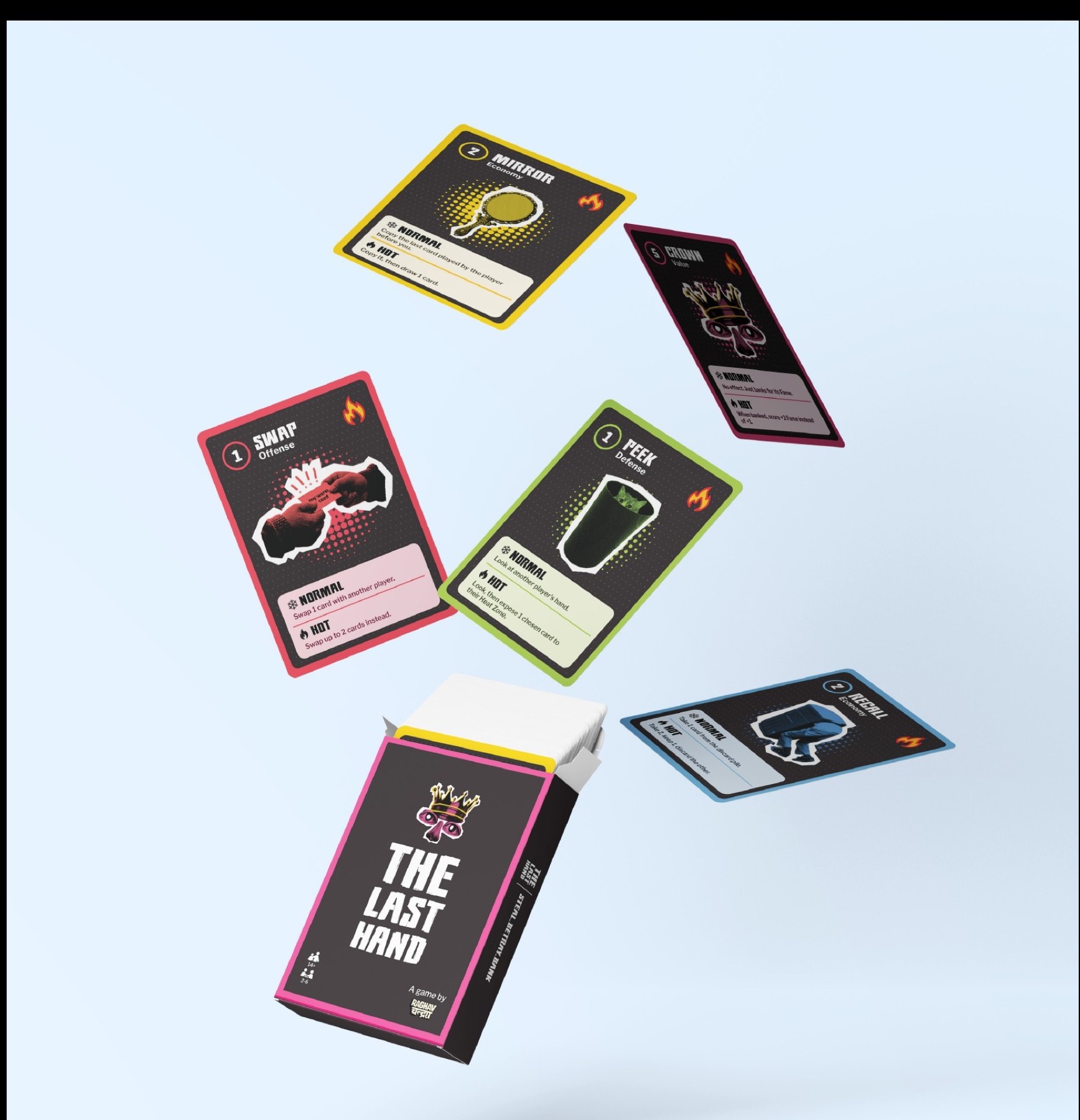 Cards and box mockup, mid-air, on a pale blue background