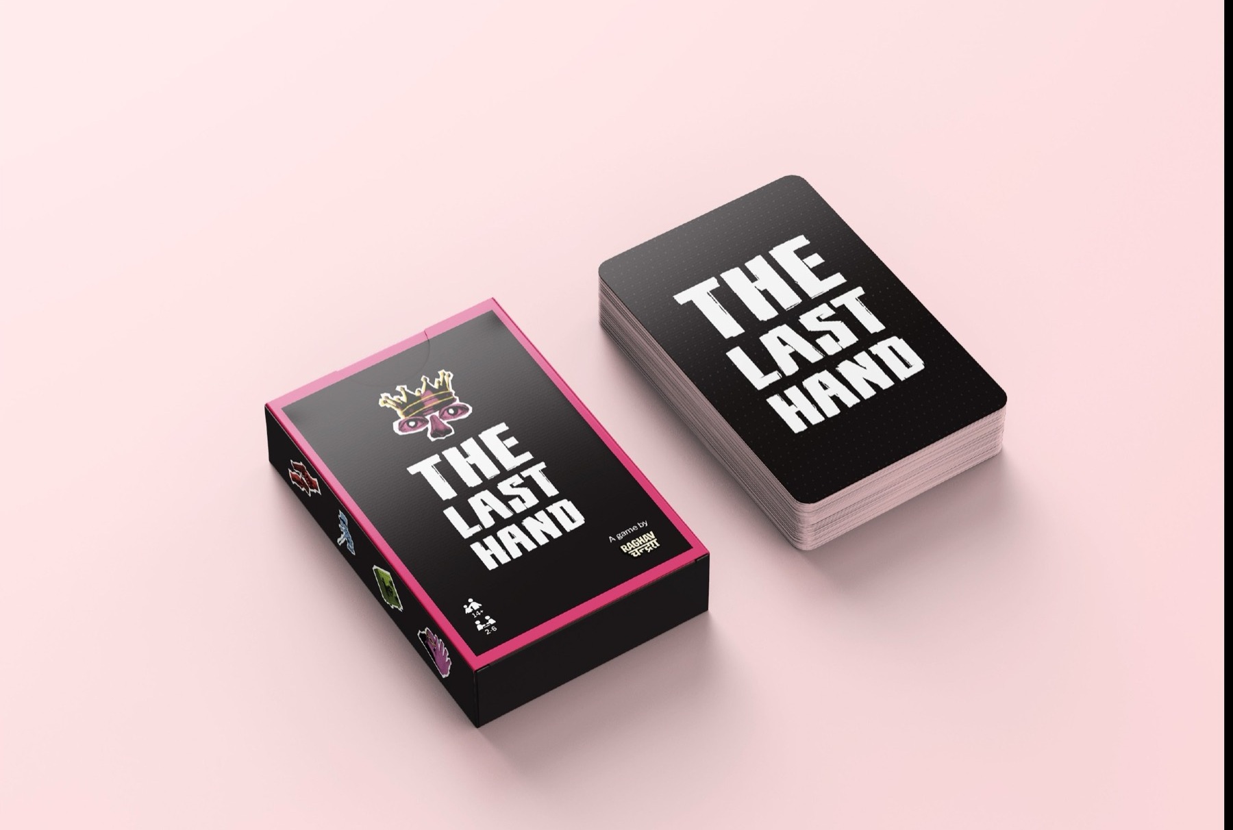 The Last Hand card game box and deck on a pink background