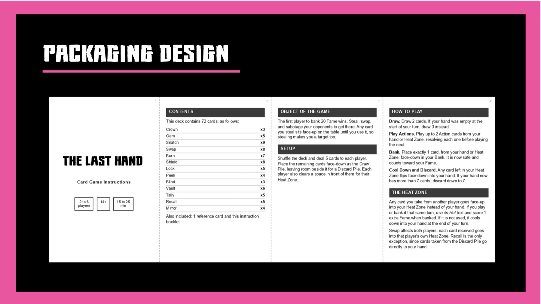 Fold-out rulebook, panels 1 to 4 - contents, object of the game, setup, and how to play