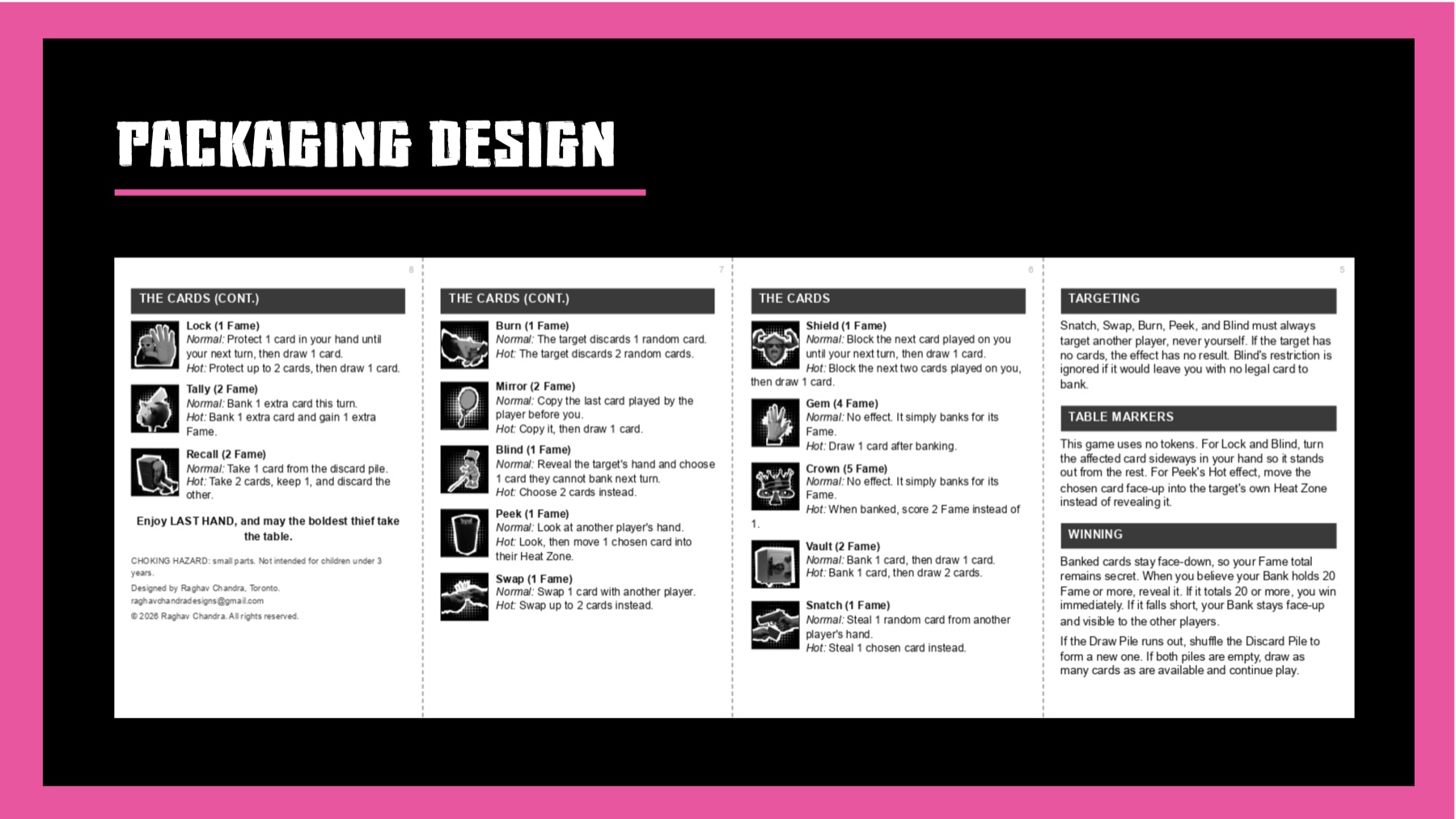 Fold-out rulebook, panels 5 to 8 - the full card reference, targeting rules, table markers, and how to win