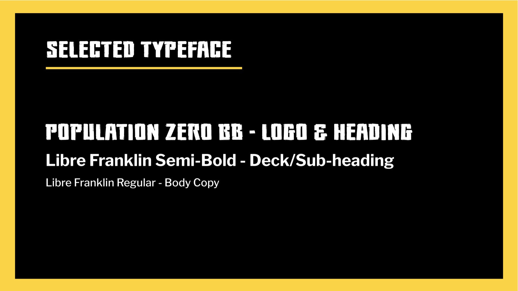 Selected typefaces - Population Zero BB for logo and headings, Libre Franklin for deck sub-headings and body copy