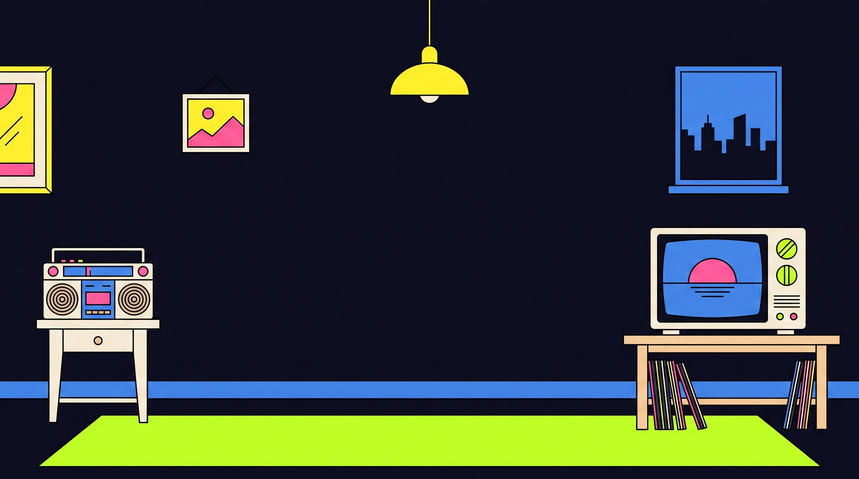 What's Up In homepage, an illustrated room with a bookshelf holding every zine issue, a radio, and a TV