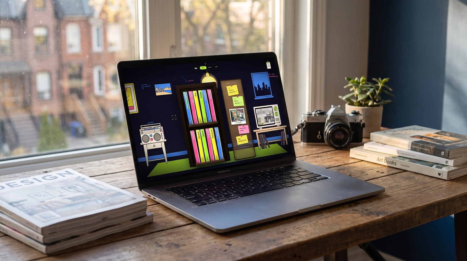 What's Up In homepage, an illustrated room with a bookshelf, radio, and TV