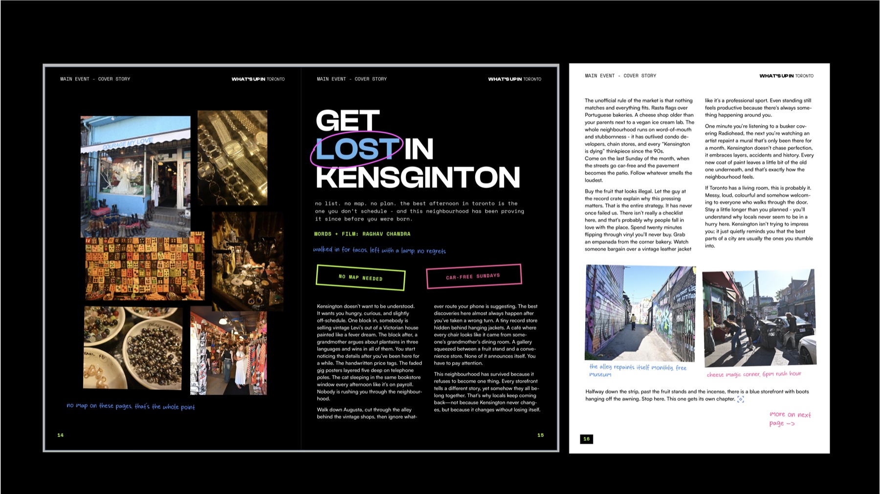 Get Lost in Kensington feature spread - a Kensington Market neighbourhood profile with vintage shop photography, hand-drawn margin notes, and pull quotes in neon green and pink